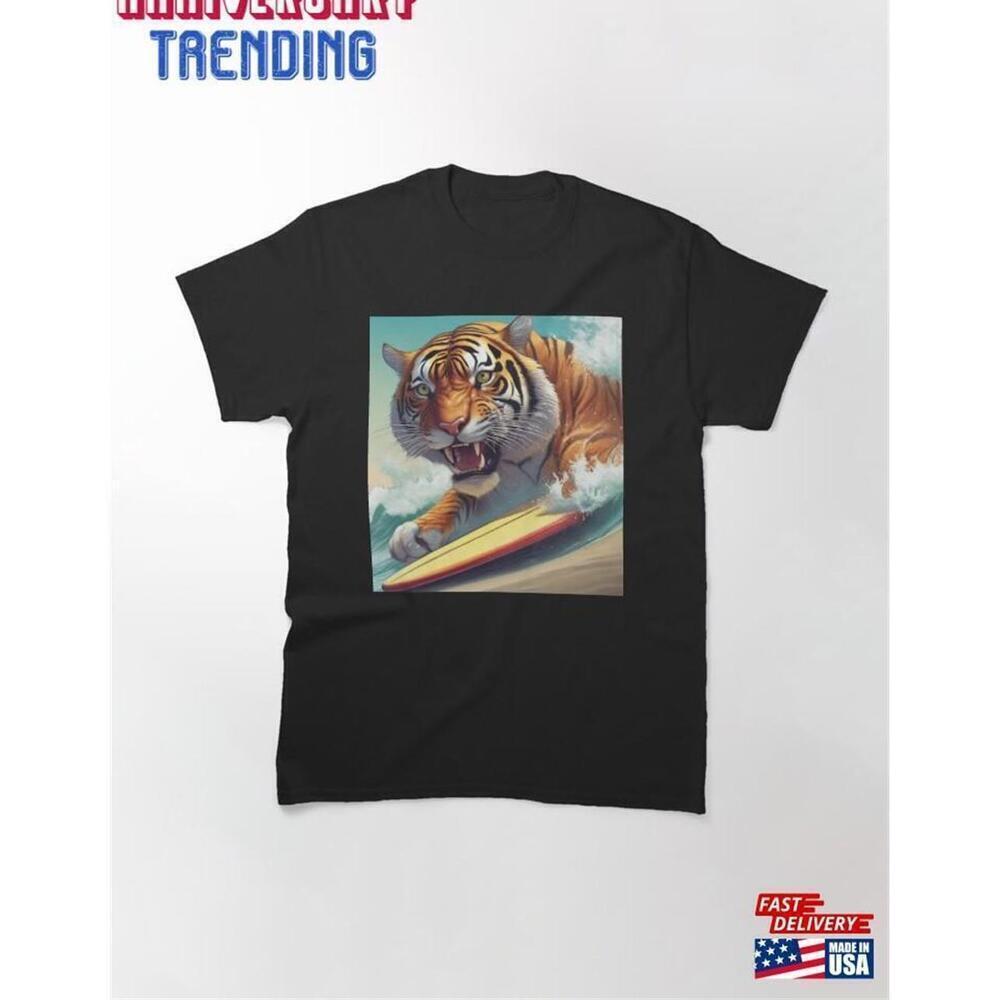 Surfer Tiger Giant Wave Tropical Comic Graphic T-Shirt